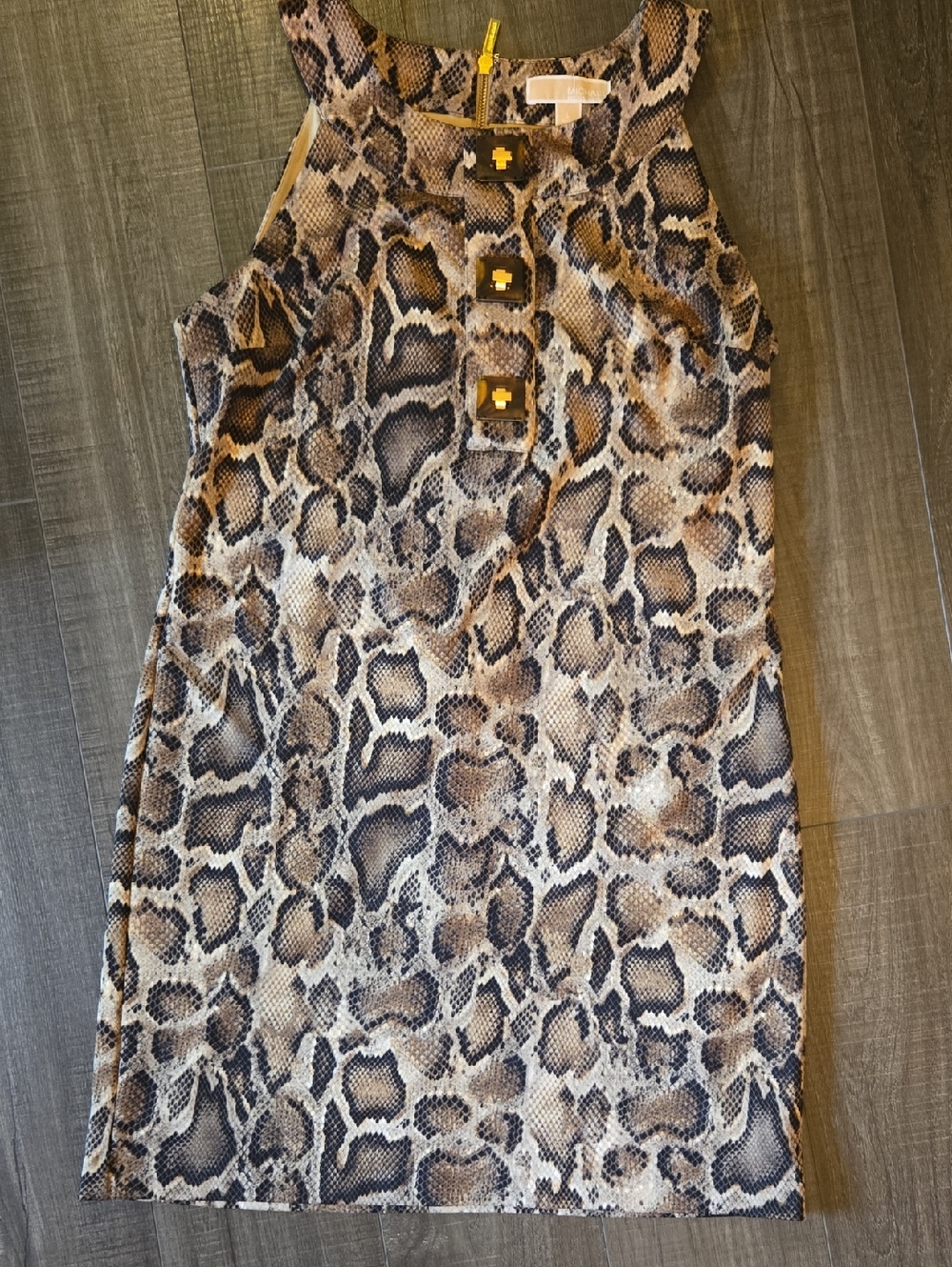 Michael Kors Snake-Print Sleeveless Dress with Gold Accent Buttons